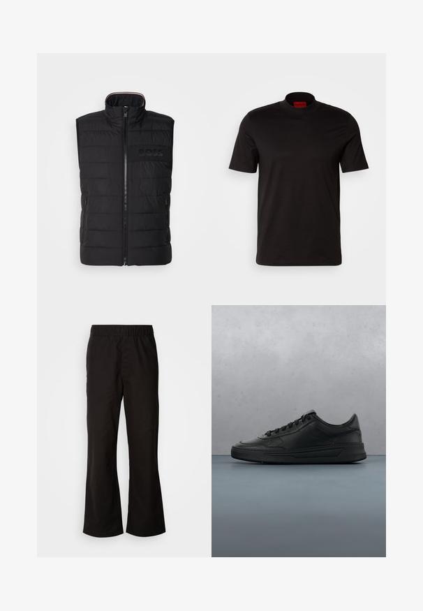 Sort ærmeløs vest med quiltet tekstur, høj krave og frontlynlås. Har et diskret tonalt "BOSS"-logo på brystet og sidelommer.; Sort kortærmet t-shirt med høj hals design. Fremstillet af glat stof. Har et rødt mærke på indersiden af kraven.; Sorte bukser med elastisk talje og n tapered form, lavet af glat bomuldsstof. Har et enkelt design og lige benåbninger.; Sort sneakers med glat læderoverdel, rund tå, flade snørebånd, polstret krave og minimalistisk design. Gummisål med subtilt mønster.