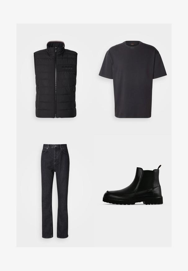 Schwarze ärmellose Weste mit gestepptem Muster, hohem Kragen und Frontreißverschluss. Verfügt über ein dezentes tonal "BOSS"-Logo auf der Brust sowie seitliche Taschen.; Schwarzes T-Shirt mit kurzen Ärmeln aus Baumwolle, mit rundem Halsausschnitt und dezentem Branding am Kragen. Weiche Textur mit lässiger Passform.; Hochtaillierte schwarze Jeans aus Denim mit Knopf- und Reißverschluss, Vorder- und Hintertaschen sowie einer geraden Passform.; Schwarzer Lederknöchelstiefel mit strukturierter Sohle, elastischen Seitenteilen und Zuglasche vor einem hellgrauen Hintergrund.