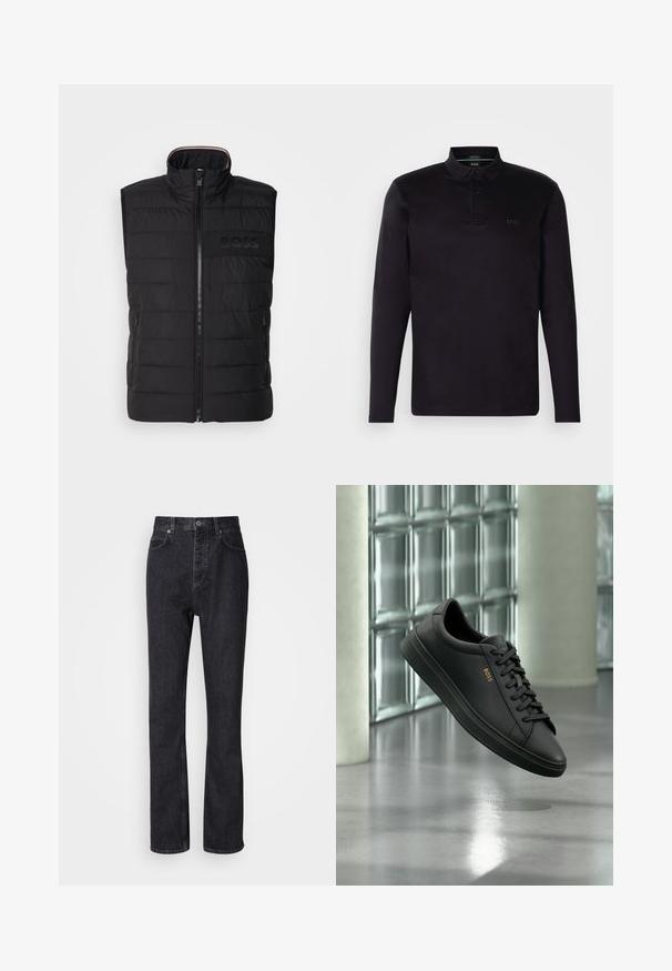 Sort ærmeløs vest med quiltet tekstur, høj krave og frontlynlås. Har et diskret tonalt "BOSS"-logo på brystet og sidelommer.; Sort langærmet polo t-shirt lavet af blødt materiale, med en tre-knaps knaplukning, krave og et diskret "BOSS" logo foran.; Høj talje sorte denim jeans med knap- og lynlåsåbning, for- og baglommer samt lige ben.; Sort lavtopet lædersneaker med sorte snørebånd og gyldent BOSS-logo på siden, svævende over en blank grå gulv i et moderne indendørs rum.