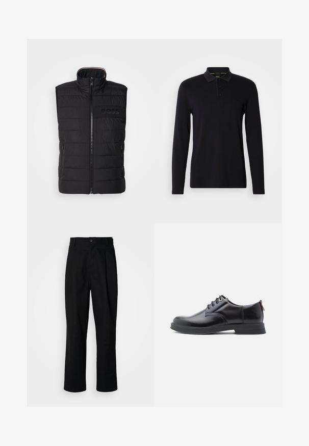 Chaleco sin mangas negro con textura acolchada, cuello alto y cremallera frontal. Presenta un sutil logo "BOSS" a tono en el pecho y bolsillos laterales.; Polo negro de manga larga hecho de tela suave. Cuenta con un cuello, una tapeta con tres botones y un sutil logo en el pecho.; Pantalones rectos negros con cintura con botones, trabillas para cinturón y pliegue frontal, exhibidos sobre un fondo blanco liso.; Zapatos de piel negra con cordones, textura lisa, puntera redondeada y detalles sutiles de costura. Cuentan con una lengüeta roja en el talón.