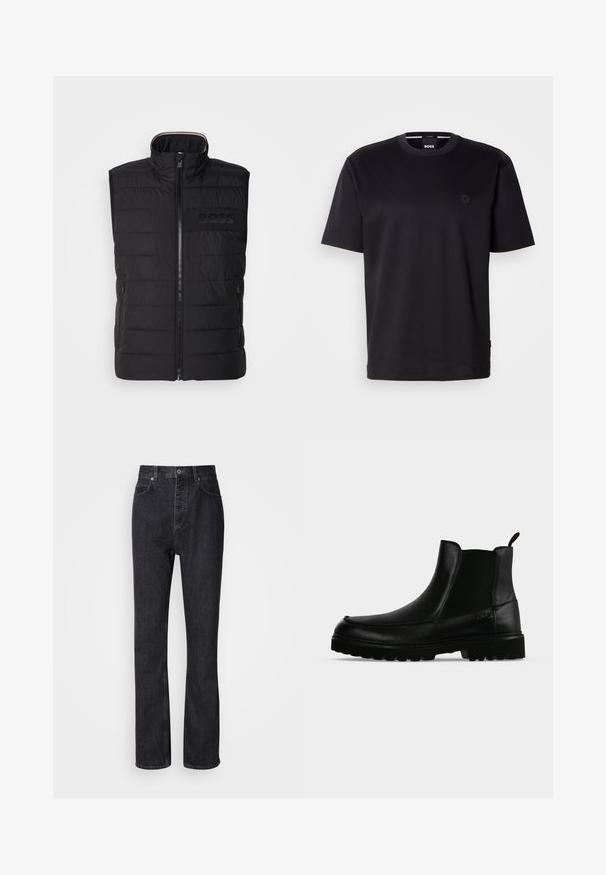 Chaleco sin mangas negro con textura acolchada, cuello alto y cremallera frontal. Presenta un sutil logo "BOSS" a tono en el pecho y bolsillos laterales.; Camiseta de algodón negra con cuello redondo, mangas cortas y un pequeño logo bordado en el pecho. Textura lisa, ajuste relajado.; Jeans de mezclilla negros de cintura alta con cierre de botón y cremallera, bolsillos frontales y traseros, y corte recto.; Bota negra de cuero hasta el tobillo con suela texturizada, paneles laterales elásticos y pestaña de tirador sobre fondo gris claro.