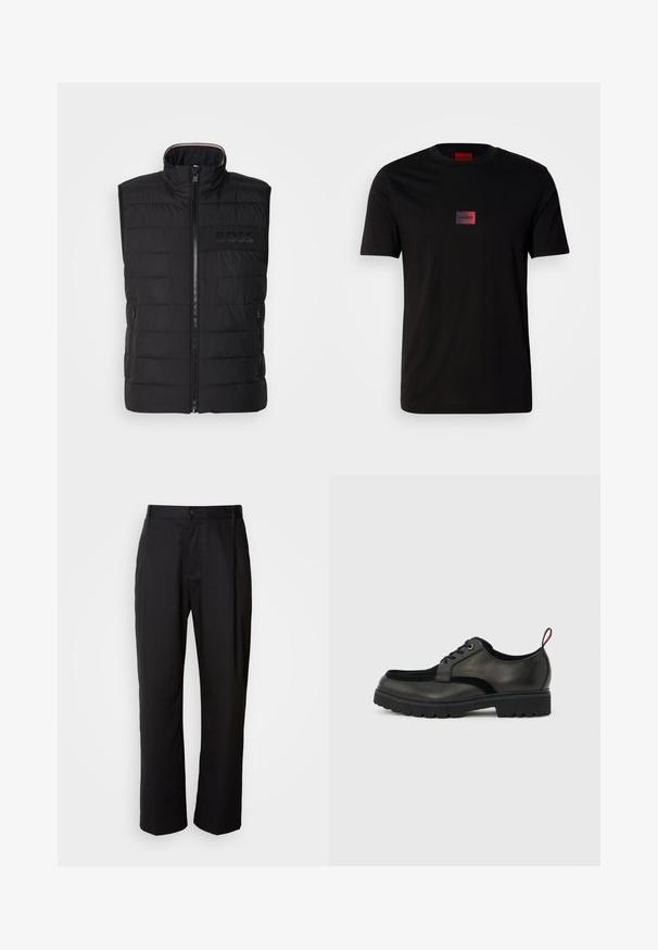 Schwarze ärmellose Weste mit gestepptem Muster, hohem Kragen und Frontreißverschluss. Verfügt über ein dezentes tonal "BOSS"-Logo auf der Brust sowie seitliche Taschen.; Schwarzes Baumwoll-T-Shirt mit einem kleinen rechteckigen Logo in Verlauf von Schwarz zu Rot auf der Brust. Kurze Ärmel und Rundhalsausschnitt.; Schwarze Hosen mit geradem Schnitt, aus leichtem Stoff gefertigt. Verfügt über einen vorderen Knopfverschluss und zwei seitliche Taschen; glatte Textur.; Schwarzer Leder-Schnürschuh mit dicker, profillierter Sohle und rotem Fersenzuglasche, seitlich auf einem hellgrauen Hintergrund dargestellt.