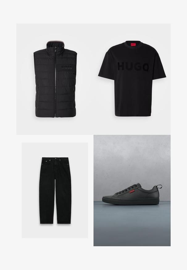 Sort ærmeløs vest med quiltet tekstur, høj krave og frontlynlås. Har et diskret tonalt "BOSS"-logo på brystet og sidelommer.; Sort bomulds t-shirt med korte ærmer, rund hals, med et stort, blankt sort "HUGO" logo på forsiden. Glat tekstur.; Sorte jeans med høj talje og lige ben, fem lommer, knaplukning og bæltestropper på hvid baggrund.; Sorte lavtop sneakers lavet af glat materiale, med rund tå, snøring foran, en tekstureret sål og et lille rødt logo.