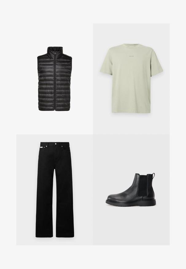 Zwart puffy vest met hoge kraag, voorzien van een doorgestikt patroon, een rits aan de voorkant en zonder mouwen. Gemaakt van glanzend, lichtgewicht materiaal.; Lichtgroene katoenen t-shirt met een ronde hals, korte mouwen en een klein Calvin Klein-logo in een donkerdere tint gedrukt op de borst.; Zwarte spijkerbroek met een wijd uitlopende pasvorm, voorzien van vijf zakken en metallic knopen. Gladde textuur, geen zichtbare patronen.; Zwarte leren Chelsea boots met een gestructureerde afwerking, elastische zijpanelen en een stevige rubberen zool. Subtiele branding op de hiel.