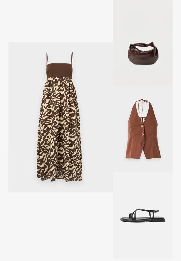 Haut de style halter marron avec un décolleté en V profond, comportant quatre boutons roses et une fermeture à nouer au cou. Tissu lisse avec une silhouette ajustée.; Robe maxi imprimée marron et écrue avec un haut ajusté, des fines bretelles et une jupe évasée arborant des motifs de feuilles organiques.; Sandales plates noires avec de fines brides réglables, un entre-doigt rectangulaire et une finition mate texturée. Elles présentent un talon bas légèrement carré.; Sac bandoulière en cuir marron foncé avec une forme souple et décontractée et une anse nouée torsadée sur un fond blanc uni.
