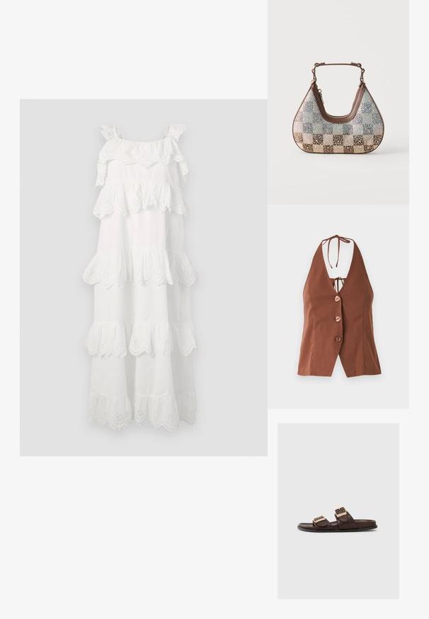 Top marrón de estilo halter con un profundo escote en V, que presenta cuatro botones rosas y un cierre de lazo en el cuello. Tela suave con una silueta ajustada.; Vestido de algodón blanco con volantes en capas, detalles de encaje en las bordes, y tirantes ajustables. Diseño largo y fluido.; Sandalias de cuero marrón con dos correas anchas, cada una con una hebilla en tono dorado. Suela plana, diseño simple, sin patrones ni acentos visibles.; Bolso pequeño de cuero marrón con un asa corta, cubierto de brillantes pedrería sobre una tela a cuadros en beige y marrón.