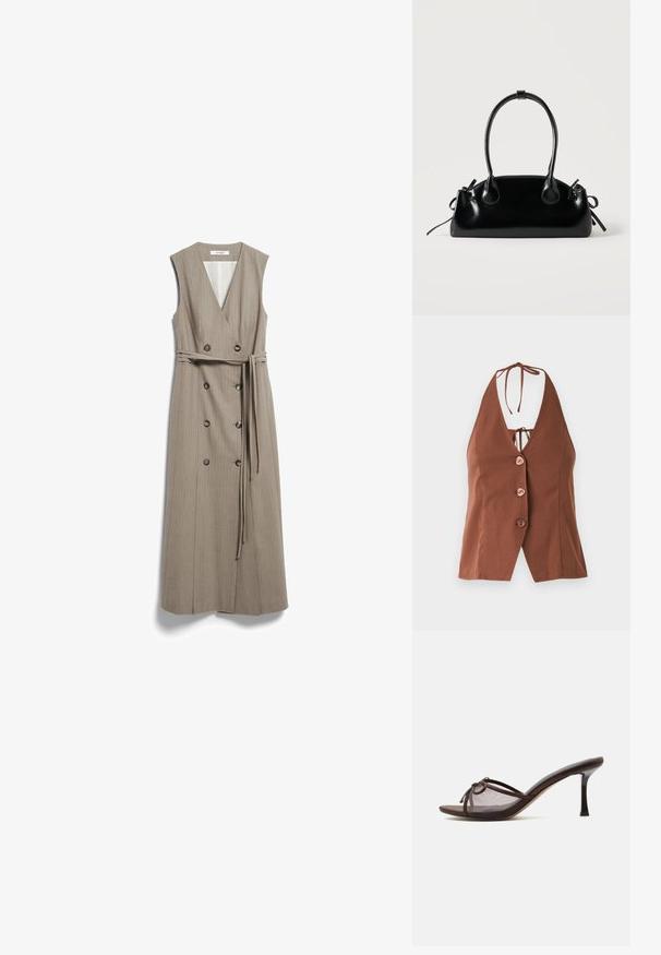 Bruine haltertop met een diepe V-hals, voorzien van vier roze knopen en een striksluiting bij de hals. Gladde stof met een getailleerde pasvorm.; Mouwloze beige midi-jurk met V-hals, dubbele knopenrij en een bijpassende stoffen riem gestrikt in de taille.; Bruine mule met open teen, middenhoge naaldhak, transparante mesh bovenkant en klein strikdetail bovenop.; Kleine zwarte glanzende handtas met twee lange hengsels en zijkant trekkoord details op een effen lichte achtergrond.
