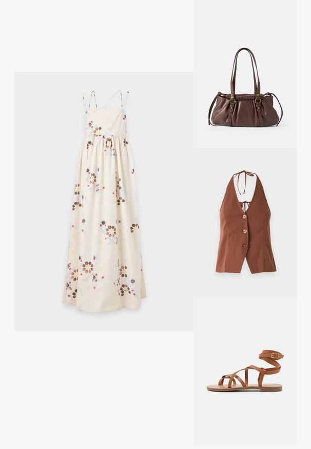 Top marrón de estilo halter con un profundo escote en V, que presenta cuatro botones rosas y un cierre de lazo en el cuello. Tela suave con una silueta ajustada.; Vestido largo color crema con tirantes finos y un patrón disperso de formas geométricas en marrón, azul, rojo y amarillo.; Sanda de cuero marrón con un diseño de múltiples correas, hebilla en el tobillo y suela plana. Presenta una textura suave y un estilo minimalista.; Bolso de cuero marrón con dos asas largas, diseño acanalado, acentos de hardware en tono dorado y un acabado texturizado.