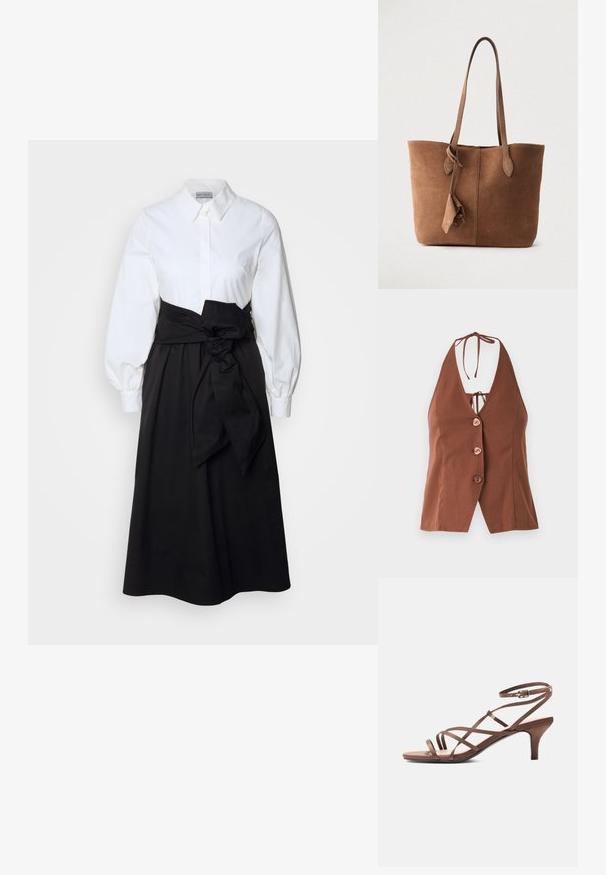 Bruine haltertop met een diepe V-hals, voorzien van vier roze knopen en een striksluiting bij de hals. Gladde stof met een getailleerde pasvorm.; Witte blouse met lange pofmouwen, gecombineerd met een zwarte rok en een stoffen riem die op de taille is geknoopt, gemaakt van gladde katoen.; Bruine sandaal met dunne bandjes, enkelriempje met gesp en hak van gemiddelde hoogte, zijaanzicht op een witte achtergrond.; Bruine suède totebag met twee schouderbanden, een eenvoudig ontwerp en een zijflammendetail. Gladde textuur en gestructureerde vorm.