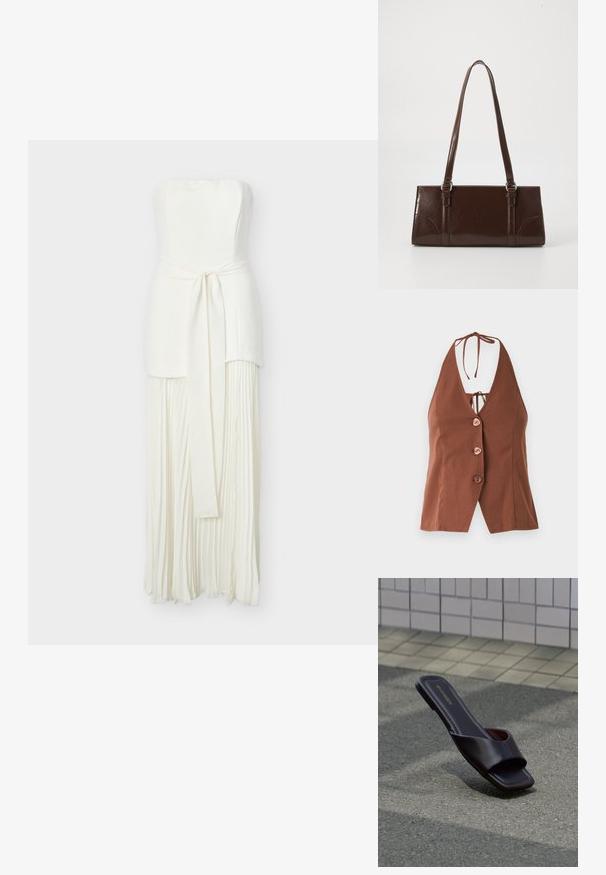 Haut de style halter marron avec un décolleté en V profond, comportant quatre boutons roses et une fermeture à nouer au cou. Tissu lisse avec une silhouette ajustée.; Robe blanche sans bretelles avec un corsage cintré, une ceinture à la taille et une longue jupe plissée jusqu'au sol.; Sandale slide marron foncé à bout carré et large bride, posée sur un goudron gris près d'un trottoir carrelé.; Sac à main en cuir verni marron de forme rectangulaire, avec deux longues poignées et des accents courbés subtils à l'avant.