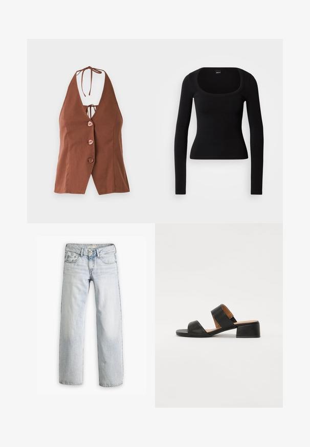 Top marrón de estilo halter con un profundo escote en V, que presenta cuatro botones rosas y un cierre de lazo en el cuello. Tela suave con una silueta ajustada.; Top negro de manga larga con escote redondeado, diseño ajustado y textura acanalada, hecho de un material suave y elástico. Sin patrones ni acentos visibles.; Jeans de mezclilla azul claro con un ajuste relajado, cintura alta y diseño de cinco bolsillos. Presentan detalles de costura y un cierre de botón.; Sandalia de cuero negra con dos correas anchas que cruzan el pie, punta cuadrada y tacón bajo en bloque. Textura suave y diseño minimalista.