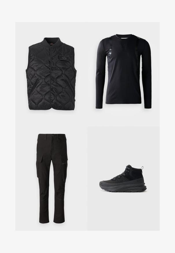 Veste sans manches matelassée noire avec boutons-pression, col côtelé, deux poches avant et une petite pièce rectangulaire sur la poitrine.; T-shirt de sport à manches longues noir en tissu lisse et extensible. Présente des accents noirs brillants sur les épaules et un logo Adidas sur la poitrine.; Pantalon cargo noir avec plusieurs poches, poche latérale zippée et couture renforcée, présentant un design à jambe droite et un tissu durable.; Sneaker montante noire en tissu texturé avec une semelle en caoutchouc, présentant un système de laçage, un col rembourré et une languette à l'arrière.