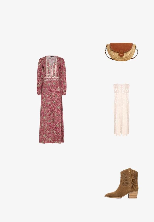 Chaleco de punto en color beige claro con un patrón de encaje, que presenta una silueta holgada, escote profundo y un dobladillo con forma de ondas para un aspecto aireado.; Vestido rosa de manga larga y largo hasta el tobillo con estampado floral y detalle bordado en el panel del escote en V y la cintura.; Bota de tobillo de ante marrón con diseño floral recortado, detalle de flecos y tachuelas metálicas. Cuenta con tacón apilado y punta puntiaguda.; Bolso de mano de paja tejido en forma de media luna con solapa de ante marrón y pequeñas tachuelas doradas, correa de hombro desmontable con cierres metálicos.