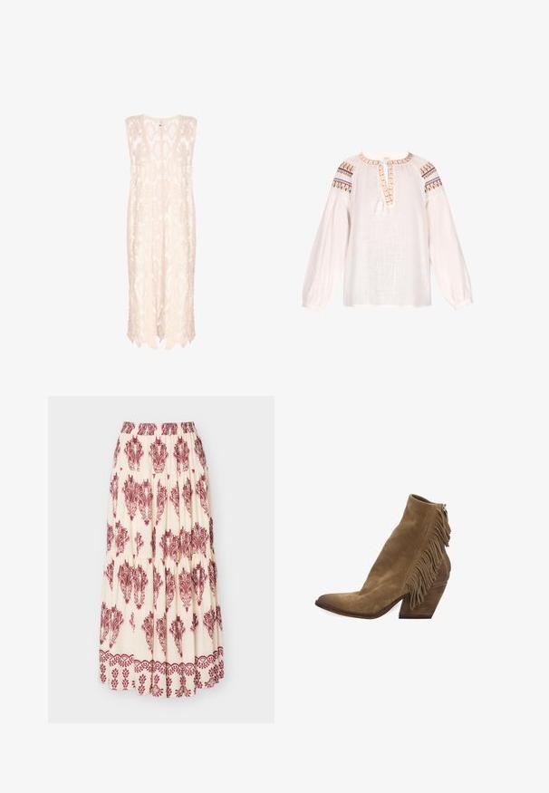 Strikket vest i lys beige med et blonde mønster, der har en løs silhuet, dyb udskæring og en bølget kant for et luftigt udseende.; Hvid bluse lavet af et letvægts, struktureret stof. Har en rund halsudskæring, elastiske lange ærmer og farverige broderede detaljer på skuldrene.; Cremefarvet maxinederdel med burgundiske paisley- og blomsterborttryk, der har rynkede lag og elastik i taljen.; Tan ruskind ankelstøvle med stablet blokhæl og frynser langs bagsømmen og lynlåslukning.