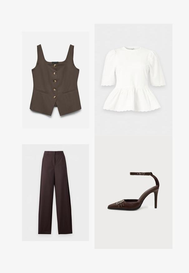 Gilet marron sans manches avec un col carré, cinq boutons sur le devant et deux poches fendues horizontales sur fond blanc.; Blouse blanche avec manches bouffantes mi-longues jusqu'au coude, taille froncée et bords festonnés aux manches et à l'ourlet, présentée sur un fond uni.; Pantalon droit marron foncé avec passants pour ceinture, fermeture éclair à l'avant et poches latérales, présenté à plat sur un fond blanc.; Chaussure à talon haut en cuir marron avec bout pointu, trois petites boucles argentées sur le devant et bride de cheville réglable avec boucle.
