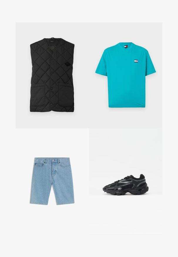 Zwarte gewatteerde vest met V-hals, voorzien van een knoopsluiting aan de voorkant en twee grote zijzakken. Merkenlogo weergegeven aan de linkerkant.; Turquoise katoenen t-shirt met ronde hals, korte mouwen en een klein logo-patch met rode, witte en blauwe strepen op de borst.; Lichtblauwe denim short met knopen en ritssluiting aan de voorkant, riemlussen, voorzakken en een klein blauw stoffen label aan de rechterzak.; Zwarte sportieve sneakers met een bovenwerk van mesh en synthetisch materiaal. Voorzien van een gestructureerde zool, reflecterende accenten en een verstevigde hiel.