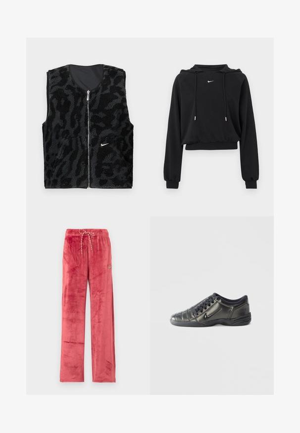 Gilet en polaire noir avec fermeture éclair à l'avant, présentant un design texturé imprimé animal et un petit logo Nike blanc sur le côté gauche.; Sweat à capuche noir coupé court avec manches longues, capuche à cordon, poignets et ceinture côtelés, arborant un petit logo Nike blanc sur la poitrine.; Pantalon large en velours rouge avec taille à cordon et petit logo Nike swoosh sur la cuisse gauche, présenté sur un fond uni.; Baskets Nike basses noires avec des lacets, des détails cousus et une semelle texturée sur un fond blanc uni.