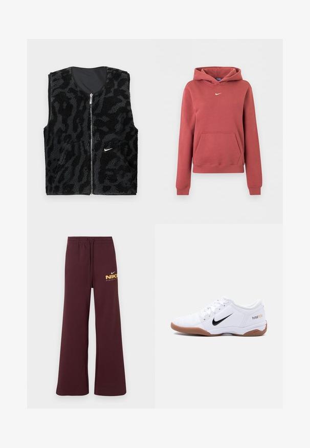 Zwart fleece vest met een ritssluiting aan de voorkant, voorzien van een textuur en een dierenprint ontwerp en een klein wit Nike-logo aan de linkerkant.; Roestrode Nike hoodie met voorzak (kangoeroezak), klein wit swoosh-logo op de borst en geribde boorden aan mouwen en onderkant.; Bordeauxrode sweatpants met wijde pijpen en een taille met trekkoord, voorzien van een klein wit en geel Nike-logo en de tekst "Athletic Club" op de rechterdij.; Witte Nike Total 90 III zaalvoetbalschoen met zwart swoosh-logo en gumzool, zijaanzicht op een effen achtergrond.