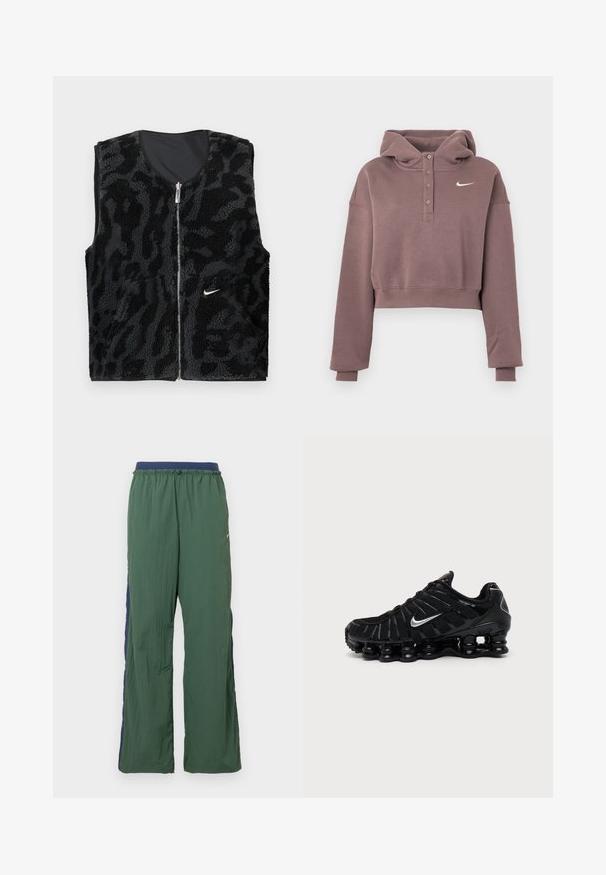 Sort fleece vest med lynlås foran, der har et tekstureret dyreprintdesign og et lille hvidt Nike-logo på venstre side.; Mauve cropped hættetrøje med lange ærmer, knappet stolpe, ribbede manchetter og kant samt hvid Nike swoosh-logo på brystet.; Grønne atletikbukser med bred benstil, der har en marineblå linning og sidelæg, lavet af let, tekstureret stof.; Sort Nike sportssko med sølv Swoosh-logo, mesh og syntetisk overdel, og en karakteristisk segmenteret polstret sål.