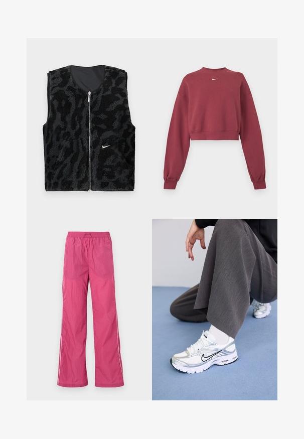 Μαύρο fleece γιλέκο με ανοιχτό φερμουάρ, που διαθέτει υφή με σχέδιο ζώου και ένα μικρό λευκό λογότυπο Nike στην αριστερή πλευρά.; Μπορντό cropped φούτερ με μακριά μανίκια και ριμπ μανσέτες, με μικρό λευκό λογότυπο Nike swoosh στο κέντρο της λαιμόκοψης.; Ροζ ελαφριά παντελόνια με κορδόνι στη μέση, ευρύχωρο σχέδιο ποδιών και λευκές ρίγες στο πλάι. Λείος υφασμάτινος τύπος, κατάλληλος για καθημερινή χρήση.; Λευκά και ασημί αθλητικά παπούτσια με δίχτυ και συνθετικά υλικά, που διαθέτουν μαύρες λεπτομέρειες, κορδόνια και υφασμάτους σόλες.