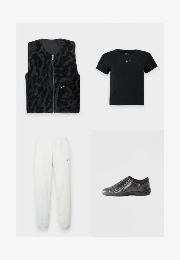 Zwart fleece vest met een ritssluiting aan de voorkant, voorzien van een textuur en een dierenprint ontwerp en een klein wit Nike-logo aan de linkerkant.; Zwart geribbeld T-shirt met korte mouwen, voorzien van een klein wit Nike-logo op de borst en een ronde halslijn.; Lichtgrijze Nike joggingbroek met een elastische tailleband, taps toelopende boorden en een klein zwart logo op de linker dij. Zachte, gestructureerde stof.; Zwarte lage Nike sneaker met veters, gestikte details en een gestructureerde zool tegen een eenvoudige witte achtergrond.