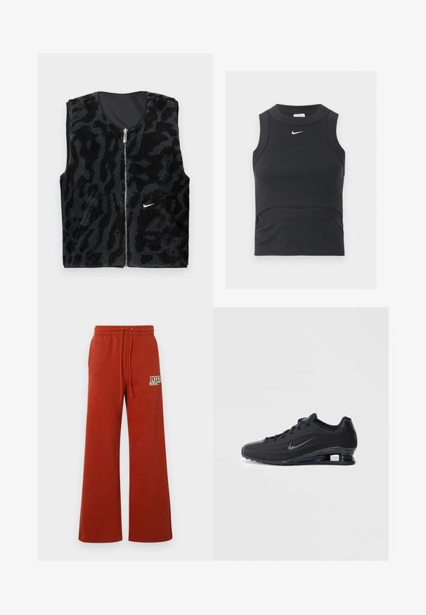 Gilet en polaire noir avec fermeture éclair à l'avant, présentant un design texturé imprimé animal et un petit logo Nike blanc sur le côté gauche.; Haut de sport court noir sans manches avec texture côtelée et logo Nike swoosh blanc sur la poitrine.; Pantalon de survêtement rouge à jambes larges avec une taille élastique et un cordon de serrage. Présente un logo Nike imprimé sur le côté gauche. Texture douce, design décontracté.; Baskets Nike noires avec une tige texturée, arborant un design élégant, une fermeture à lacets, et une unité d'air visible au talon. Accent de marque minimaliste.