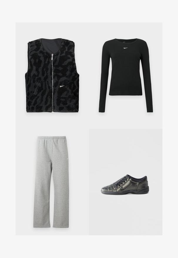 Gilet en polaire noir avec fermeture éclair à l'avant, présentant un design texturé imprimé animal et un petit logo Nike blanc sur le côté gauche.; Haut noir à manches longues ajusté en tissu côtelé, avec un col rond et un logo Nike blanc discret sur la poitrine.; Pantalon de jogging gris clair avec une ceinture élastique et un petit logo blanc Nike sur le haut de la cuisse, présenté à plat sur fond blanc.; Baskets Nike basses noires avec des lacets, des détails cousus et une semelle texturée sur un fond blanc uni.