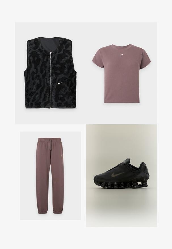 Sort fleece vest med lynlås foran, der har et tekstureret dyreprintdesign og et lille hvidt Nike-logo på venstre side.; Mauve ribbet kortærmet crop top med rund hals og lille hvid Nike-logo centreret under halsudskæringen.; Brune Nike træningsbukser med elastisk talje, snor, manchetter ved anklerne og et lille hvidt Nike-logo på den øverste venstre læg.; Sort Nike-sneaker med lynlåsfunktion øverst og karakteristisk fjederlignende opdelt sål, vist i sideprofil mod en neutral baggrund.