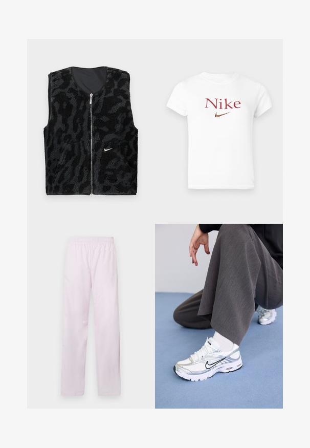 Gilet en polaire noir avec fermeture éclair à l'avant, présentant un design texturé imprimé animal et un petit logo Nike blanc sur le côté gauche.; T-shirt blanc à manches courtes avec le texte "Nike" en rouge et un logo en forme de swoosh Nike à motif léopard centré sur la poitrine.; Pantalons de sport Nike rose clair avec ceinture élastique, jambes droites, et logo Nike swoosh blanc subtil sur la cuisse gauche.; Baskets de sport blanches et argentées avec des matériaux en maille et synthétiques, dotées de lignes d'accent noir, de lacets et de semelles texturées.
