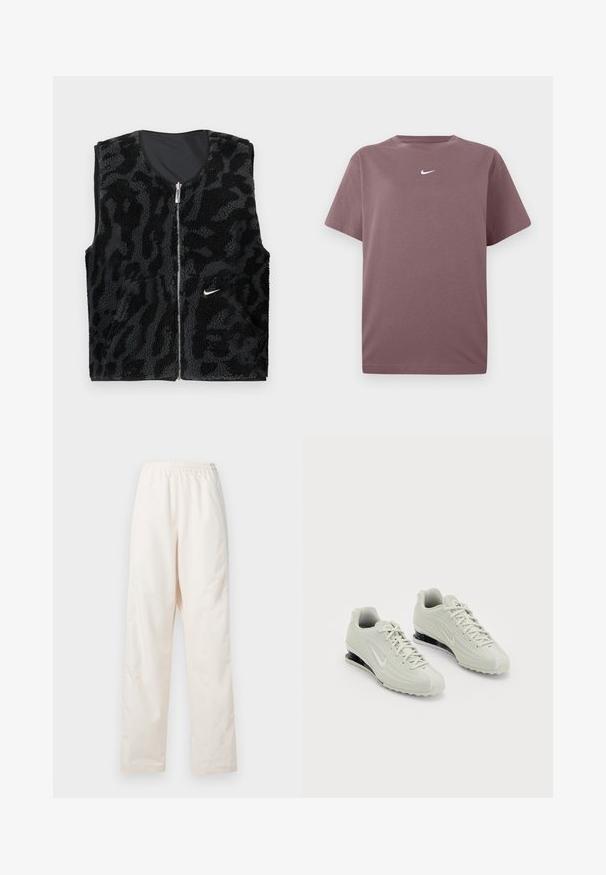 Sort fleece vest med lynlås foran, der har et tekstureret dyreprintdesign og et lille hvidt Nike-logo på venstre side.; En ensfarvet mauve kortærmet crewneck t-shirt med en lille hvid Nike swoosh centreret på brystet, præsenteret på hvid baggrund.; Løse, cremefarvede bukser med elastisk talje og lige ben, vist mod en ensfarvet hvid baggrund.; Hvide Nike sneakers med en tekstureret overdel, der har en glat tæer og sorte polstringselementer. Snørebåndsstil med forstærket hæl.