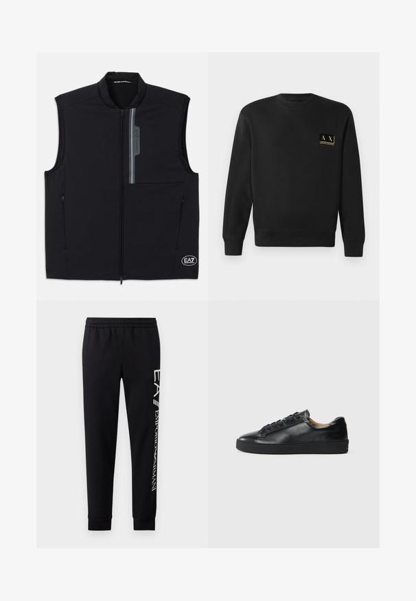 Mustaton hihaton liivi, joka on valmistettu kevyestä kankaasta. Siinä on edessä vetskari, kaksi sivutaskua ja heijastava yksityiskohta, jossa on logo.; Musta pitkähihaisen crewneck-huppari, jossa on pieni beige Armani Exchange -logo vasemmassa rinnassa.; Mustat collegehousut, jotka on valmistettu puuvillasekoitteesta, elastisella vyötärönauhakkeella, kapenevilla lahkeilla, ribbien hihansuilla ja valkoisella logopainatuksella sivussa.; Musta nahkakenkä, jossa on sileä pinta, pyöreä kärki ja nauhakiinnitys. Varusteena paksu kumipohja ja minimaalinen brändäys.