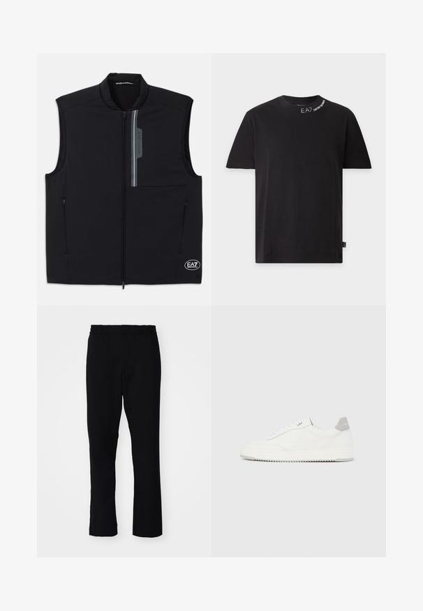 Schwarze ärmellose Weste aus leichtem Material, mit einem Frontreißverschluss, zwei seitlichen Taschen und einem reflektierenden Akzent mit Logo.; Schwarzes T-Shirt mit kurzen Ärmeln und Rundhalsausschnitt, weißer "EA7 Emporio Armani" Schriftzug nahe am Halsausschnitt und einem kleinen Logoetikett am seitlichen Saum.; Schwarze Hose mit enger Passform. Sie verfügt über einen elastischen Bund und gerade Beine, gefertigt aus einem glatten Stoff mit matter Oberfläche.; Weißer Sneaker mit niedrigem Schaft, grauem Fersenlaschen, weißen Schnürsenkeln und einer strukturierten Sohle, dargestellt vor einem schlichten hellen Hintergrund.
