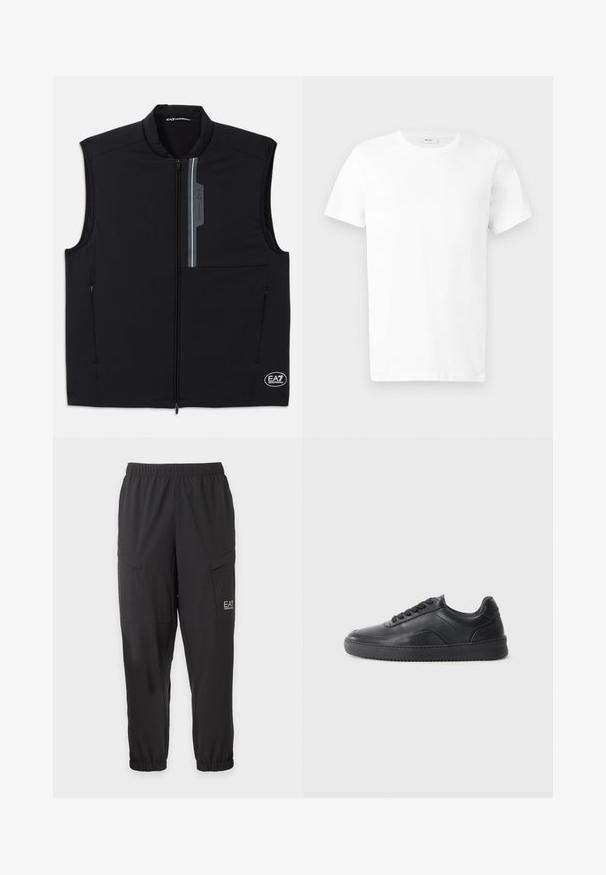 Schwarze ärmellose Weste aus leichtem Material, mit einem Frontreißverschluss, zwei seitlichen Taschen und einem reflektierenden Akzent mit Logo.; Schlichtes weißes kurzärmeliges Baumwoll-T-Shirt mit Rundhalsausschnitt, flach auf einem hellgrauen Hintergrund präsentiert.; Schwarze Freizeithose mit elastischem Bund und Bündchen, seitlichen Klappentaschen und kleinem weißem EA7 Emporio Armani Logo am rechten Oberschenkel.; Schwarze Leder-Sneaker mit glatter Oberfläche, abgerundeter Zehenpartie, strukturiertem Seitenpaneel und schwarzen Schnürsenkeln. Verfügt über eine flache Gummisohle und ein minimalistisches Design.