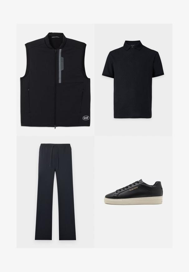Chaleco sin mangas negro hecho de tejido ligero, con un cierre frontal, dos bolsillos laterales y un acento reflectante con un logo.; Polo negro de manga corta con un patrón texturizado, cuello y tapeta con botones sobre un fondo gris claro.; Pantalones negros de pierna recta con cintura elástica y cordón ajustable, con bolsillos laterales con cremallera.; Zapatilla de cuero negra con un acabado suave, suela crema en contraste, puntera redonda, logo dorado en el lateral y seis ojales para los cordones.