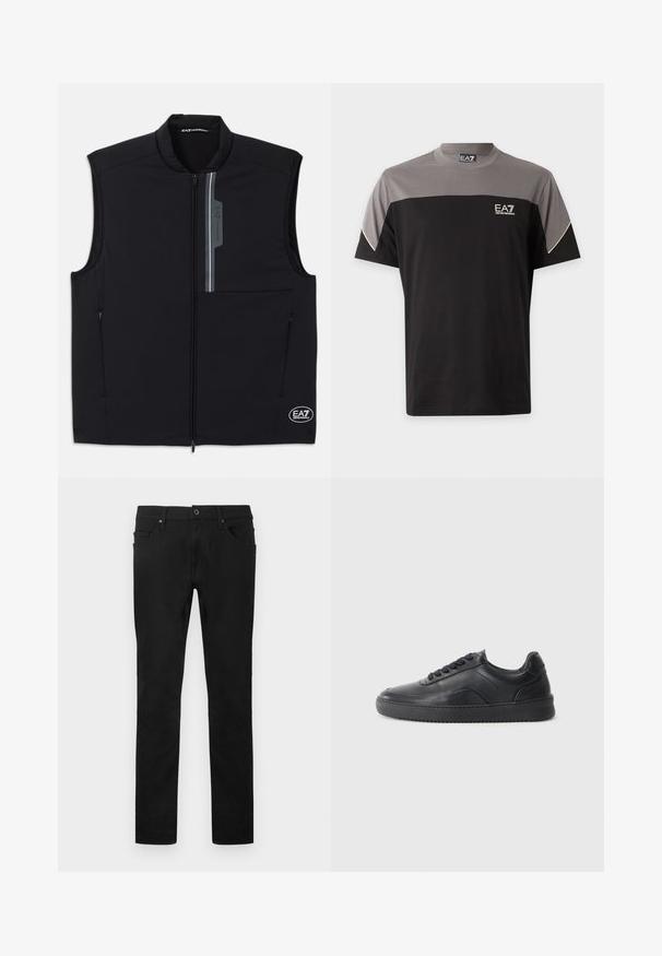Must musteta ilmaäratavat kangast särk, millel on esifutuur, kaks küljetaskut ja peegeldav detail logoga.; Lühikeste varrukatega must ja hall EA7 Emporio Armani T-särk, rinnal logoga ja valge äärisega varrukad.; Mustad sirge säärega püksid esikäepidemete ja lukuga, vööaasadega ning viie taskuga, valgel taustal.; Must musta kingad sileda viimistlusega, ümar aadress, tekstuuriga külgpaneel ja mustad nöörid. Omab lame kummist tallat ja minimaalset disaini.