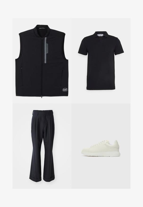 Schwarze ärmellose Weste aus leichtem Material, mit einem Frontreißverschluss, zwei seitlichen Taschen und einem reflektierenden Akzent mit Logo.; Schwarzes kurzärmliges Polohemd mit klassischem Kragen, aus glattem Material. Verfügt über ein Etikett mit dem Markennamen 'Filippa K' am Kragen.; Schwarze, maßgeschneiderte Hosen mit lockerer Passform, gefaltetem Vorderteil und weitem Bein. Mit einem umgeschlagenen Saum und glattem Stoffgefühl.; Weiße Leder-Sneaker mit texturiertem Obermaterial, runder Zehenpartie, flacher weißer Sohle und tonalen Schnürsenkeln. Dezentes Branding auf der Zunge.