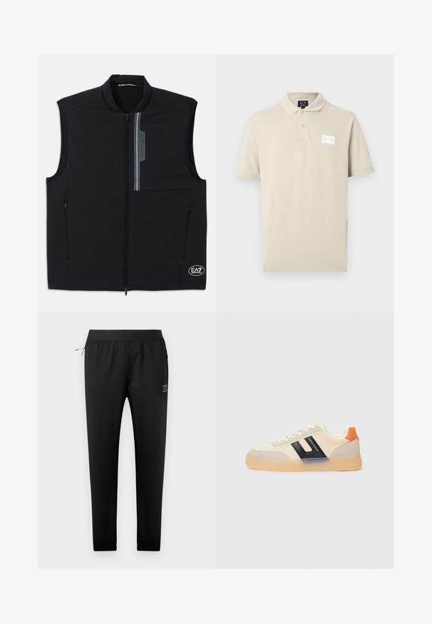 Schwarze ärmellose Weste aus leichtem Material, mit einem Frontreißverschluss, zwei seitlichen Taschen und einem reflektierenden Akzent mit Logo.; Beige Poloshirt mit kurzen Ärmeln, zwei Knöpfen und kleinem "A|X Armani Exchange" Logo auf der linken Brust.; Schwarze, schmal zulaufende Jogginghose mit elastischem Bund, seitlicher Tasche mit Reißverschluss und kleinem rechteckigem Logo-Patch am rechten Oberschenkel.; Sneaker mit einem oberen Teil aus beige Textil, schwarzen Seitenelementen, orangefarbenem Detail an der Ferse und einer klobigen, durchsichtigen Gummisohle.