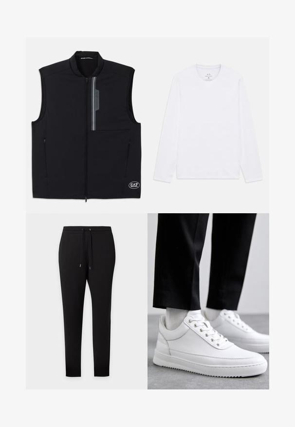 Sort ærmeløs vest lavet af letvægtsstof, med en frontlynlås, to sidelommer og en reflekterende detalje med et logo.; Hvid langærmet T-shirt med rund hals og Armani Exchange-logo trykt inde i halsudskæringen, størrelse medium.; Sorte slim-fit joggingbukser med elastisk taljebånd og snøre, manchetter ved anklerne, vist på ensfarvet baggrund.; Hvide lædersneakers med en flad gummisål, der har en glat overflade, rund tå og metaløjer til snørebånd. Bæret med sorte bukser.