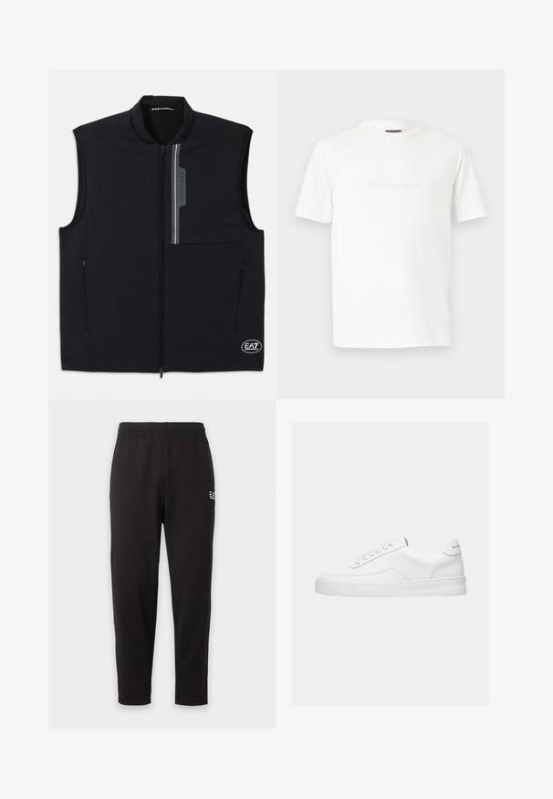 Sort ærmeløs vest lavet af letvægtsstof, med en frontlynlås, to sidelommer og en reflekterende detalje med et logo.; Hvid kortærmet T-shirt med rund hals og et diskret prægget Emporio Armani-logo centreret på brystet.; Sorte elastiske sweatpants med taperede ben og et lille hvidt logo på den øverste venstre lår.; Hvid lavt sneaker med snørelukning, glat læderoverdel og tyk sål, vist fra siden på en ensfarvet baggrund.