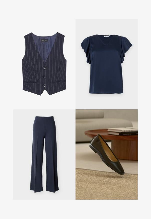 Marine gestreepte gilet met een V-hals, drie zwarte knopen en voorzakken. Gemaakt van soepele stof met een getailleerde pasvorm.; Marineblauwe satijnen blouse met V-hals en zwierige mouwen, afgebeeld op een lichtgrijze achtergrond.; Marineblauwe wijde broek met zijsplitsingen, hoge taille en een gladde voorkant, weergegeven tegen een witte achtergrond.; Zwarte leren platte schoen met afgeronde vierkante neus op een beige geweven tapijt, met houten salontafel en gestapelde boeken op de achtergrond.