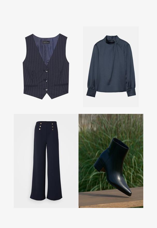Marine gestreepte gilet met een V-hals, drie zwarte knopen en voorzakken. Gemaakt van soepele stof met een getailleerde pasvorm.; Navyblauwe blouse met lange mouwen, een hoge kraag, geplooide details aan de voorkant en gathermanchetten, gemaakt van een glad, satijnachtig materiaal.; Navy wijde broek gemaakt van gladde stof, met vier gouden knoopaccenten op de hoge tailleband.; Zwarte leren enkellaars met puntige neus en blokhak rustend op houten oppervlak, hoge groene gras op de achtergrond.