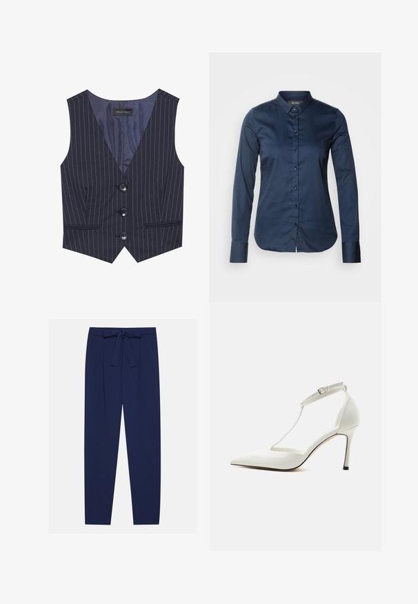 Marine gestreepte gilet met een V-hals, drie zwarte knopen en voorzakken. Gemaakt van soepele stof met een getailleerde pasvorm.; Navy blauwe lange mouw shirt met een knoopsluiting aan de voorkant, puntige kraag en manchetten. Glad textuur met een getailleerd ontwerp en rechte zoom.; Marineblauwe broeken met een striktaille, zijzakken en een losse pasvorm. Gemaakt van een gladde stof met een subtiele glans. Draagt een geklede uitstraling met plooien.; Witte pumps met spitse neus en dunne enkelriem met gesp, gladde afwerking en slanke stiletto hak op een effen achtergrond.