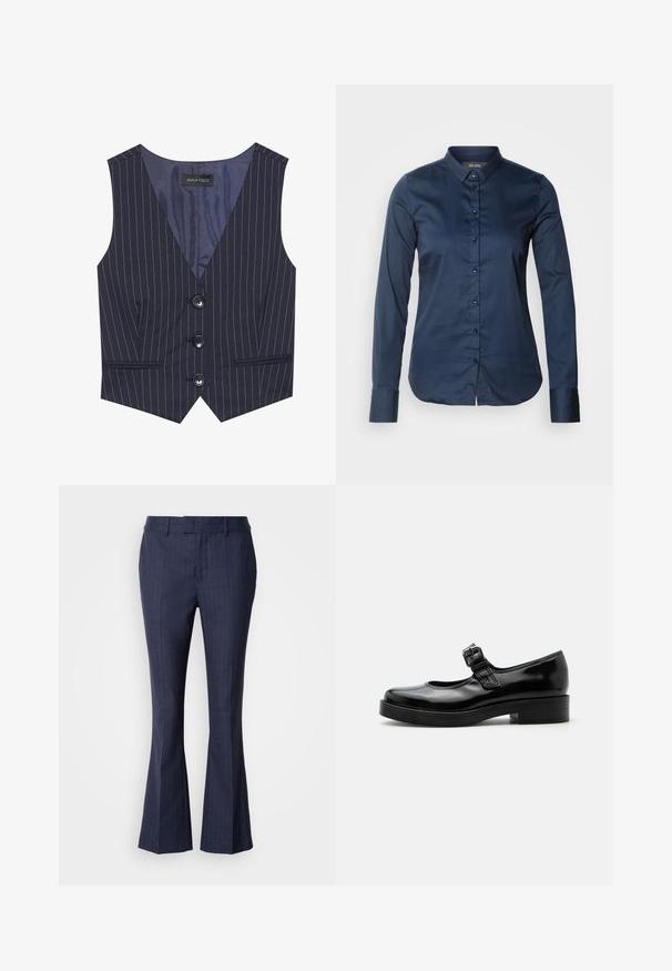 Gilet rayé marine avec un col en V, trois boutons noirs et des poches avant. Fabriqué en tissu lisse avec une coupe ajustée.; Chemise à manches longues bleu marine avec une fermeture à boutons sur le devant, un col pointu et des poignets. Texture lisse avec une coupe ajustée et un ourlet droit.; Mos Mosh CARIE - Pantalon classique - maritime blue; Chaussure Mary Jane en cuir verni noir avec bout rond, petit talon bloc et bride réglable avec boucle sur le coup de pied.