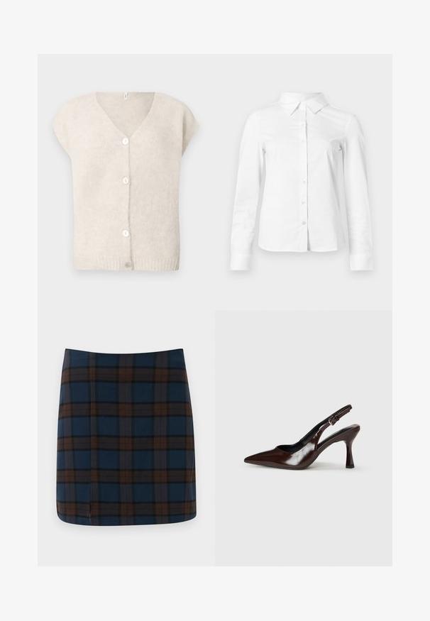 Cardigan en tricot beige à manches courtes avec décolleté en V et quatre boutons blancs sur le devant, présenté sur un fond uni.; Chemise blanche à manches longues avec boutons, col pointu, ourlet droit et silhouette ajustée, présentée sur un fond clair uni.; Jupe mini en tartan bleu marine avec des lignes marron et grises, fabriquée dans un tissu lisse, avec une fente discrète au dos pour plus de liberté de mouvement.; Talons slingback en cuir verni brun avec un bout pointu, un talon fin, et une sangle réglable avec une petite boucle.