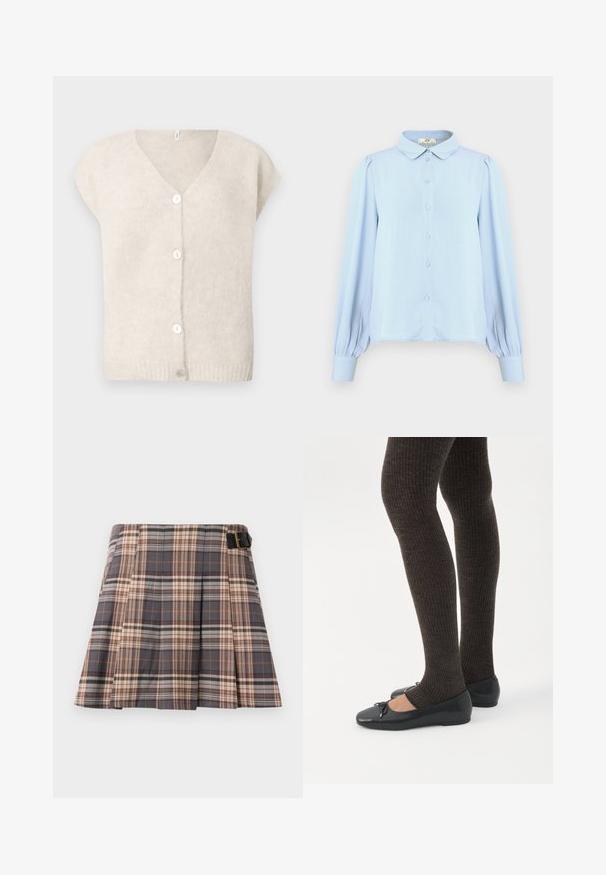 Cardigan en tricot beige à manches courtes avec décolleté en V et quatre boutons blancs sur le devant, présenté sur un fond uni.; Blouse bleu clair avec un col, fermeture à boutons, manches longues bouffantes et texture lisse. Présente un ourlet droit et des fronces aux épaules.; Jupe à carreaux gris, beige et rouille ; présente des plis, un détail de boucle et une conception structurée. Fabriquée en tissu tissé.; Jambes portant des leggings côtelés foncés associés à des ballerines noires avec de petits détails en nœud sur fond blanc.