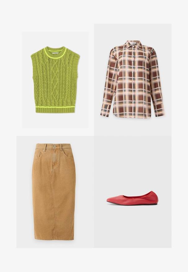 Pull sans manches vert en maille torsadée avec col rond et ourlet côtelé posé à plat sur fond blanc.; Chemise à manches longues boutonnée, à motif à carreaux marron, beige, rose et gris, avec un col classique sur un fond uni.; Jupe en daim beige longueur genou avec détails de couture avant, passants pour ceinture, fermeture par bouton et fermeture éclair, et poches visibles sur fond blanc.; Filippa K REY FLATS - Ballerines - bright red