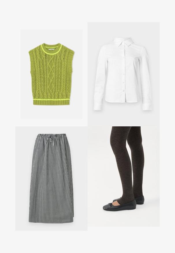 Pull sans manches vert en maille torsadée avec col rond et ourlet côtelé posé à plat sur fond blanc.; Chemise blanche à manches longues avec boutons, col pointu, ourlet droit et silhouette ajustée, présentée sur un fond clair uni.; Jupe midi à carreaux vichy noir et blanc avec taille élastique et lien coulissant réglable.; Jambes portant des leggings côtelés foncés associés à des ballerines noires avec de petits détails en nœud sur fond blanc.