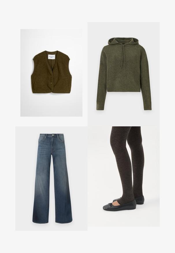 Olijfgroen vest gemaakt van fluffy stof, met een ronde halslijn, voortknopen en twee zijzakken. Zachte textuur zonder mouwen.; Geknipte, olijfgroene hoodie gemaakt van gestructureerde stof. Beschikt over een capuchon met trekkoord en ribbelmanchetten en -zoom. Lange mouwen, eenvoudig ontwerp.; Brede denims met wijde pijpen in donkerblauw, met een verwasde afwerking, knoopsluiting en vijf-pocketstijl. Gladde textuur, minimale stikseldetails.; Benen met donkere geribbelde leggings gecombineerd met zwarte ballerina's met kleine strikdetails op een witte achtergrond.