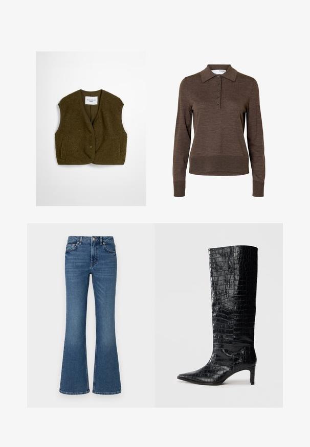 Olive roheline vest, mis on valmistatud pehmest kangast, ümara kaelusega, esikinnitusnuppudega ja kahe küljetaskuga. Pehme tekstuur, ilma varrukateta.; Pruun pikkade varrukatega naiste polo, krae ja viie ees nupuga, valmistatud peenest kudumist kangast.; Sinised flared teksad, mis on valmistatud denimist, keskmise tõusuga vöökoha, esikottide ja pleekinud viimistlusega, nähtava õmblusega õmbluste ääres.; Mustad põlvekõrged saapad läikiva krokodillinahajäljendiga, terava varba ja kitseneva kontsaga. Sile sünteetiline materjal.
