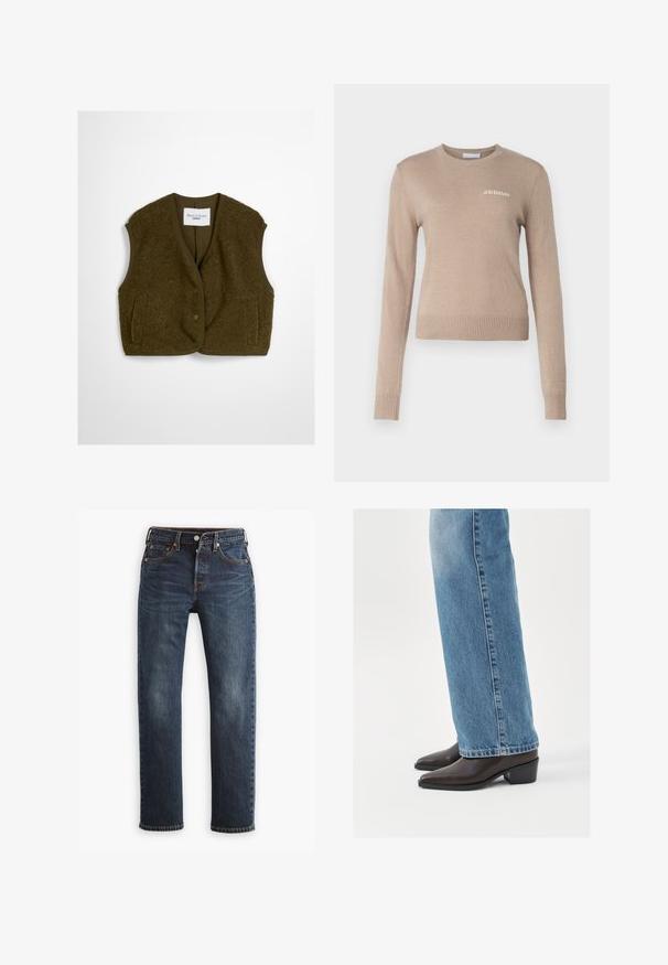 Olijfgroen vest gemaakt van fluffy stof, met een ronde halslijn, voortknopen en twee zijzakken. Zachte textuur zonder mouwen.; Beige gebreide trui met lange mouwen, ronde halslijn, geribde zoom en manchetten, met een subtiel wit "2ND DAY" logo op de borst.; Levi's® 501® JEANS FOR WOMEN - Straight leg jeans - same intent; Bruine leren enkellaarzen met een spitse neus en blokhak, gecombineerd met lichtblauwe recht gesneden jeans, die een schoon en eenvoudig ontwerp tonen.